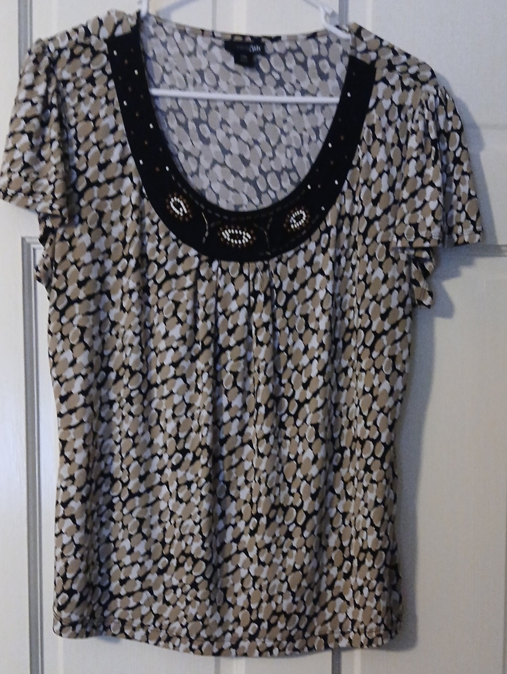 Dressy Scoop Neck Animal Print Top with Embellished Collar
